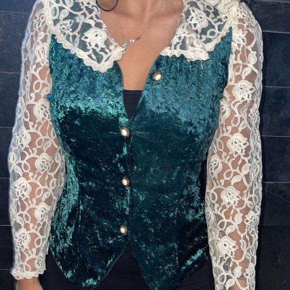 Vintage lace velvet green 80s button blouse - Picture 11 of 12